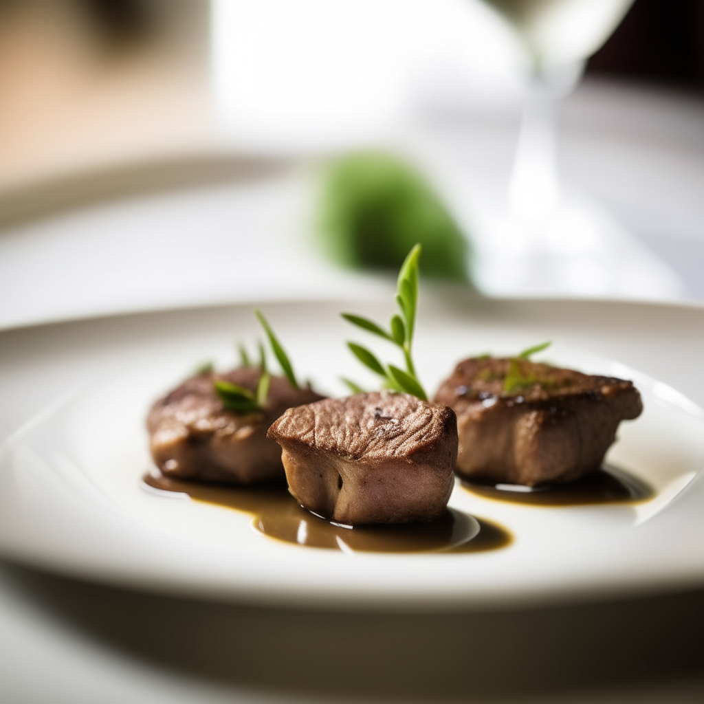 Cumin-spiced lamb medallions plated on a white dish, natural window lighting from the left, shallow depth of field, razor sharp focus