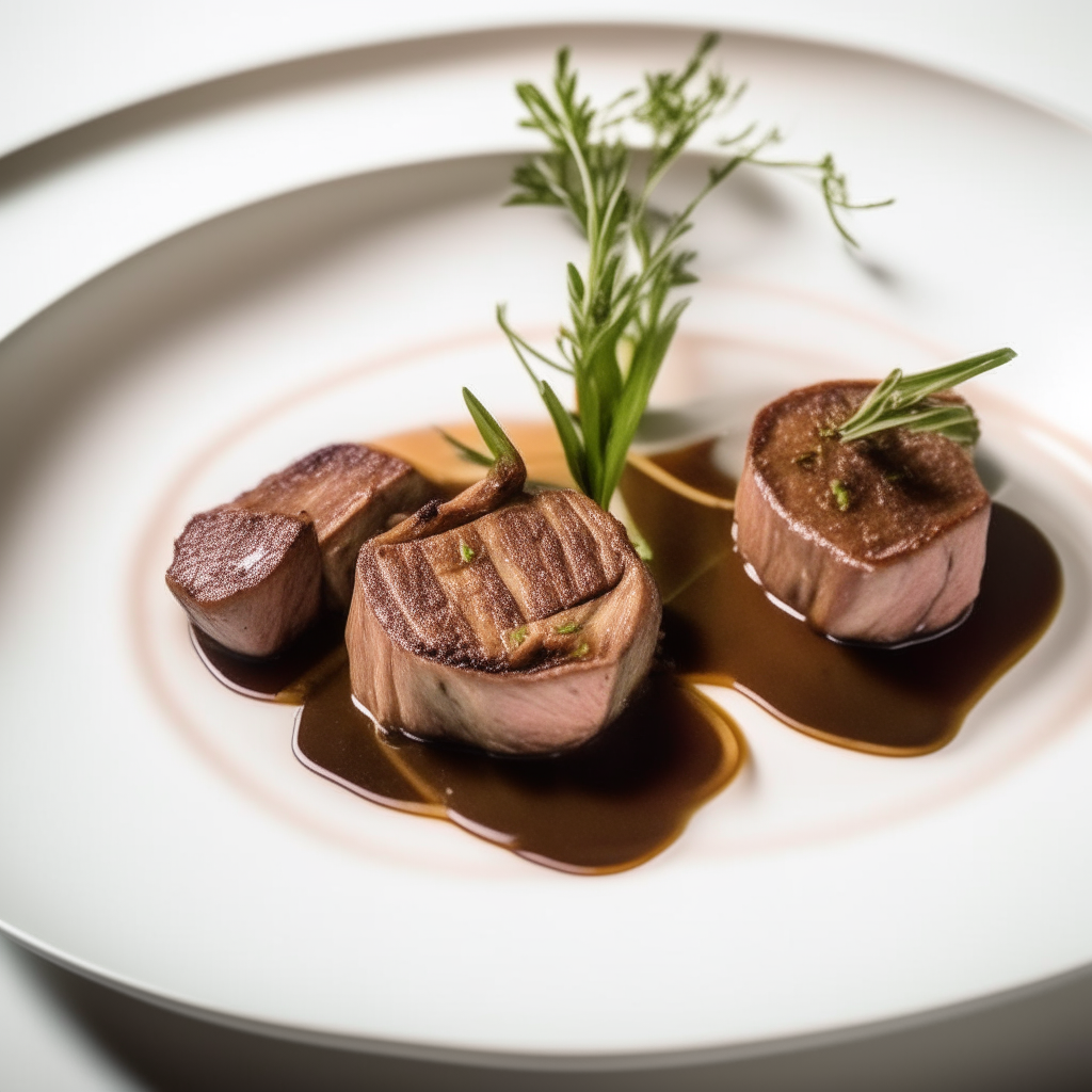 Cumin-spiced lamb medallions plated on a white dish, softbox lighting from above, shallow depth of field, razor sharp focus