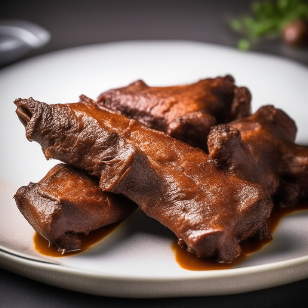 Smoky paprika lamb riblets on a white plate, bright studio lighting, shallow depth of field, razor sharp focus