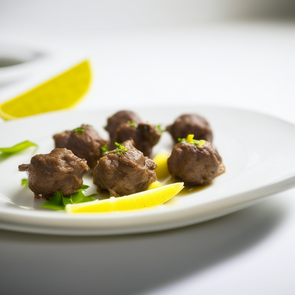 Zesty lemon-pepper lamb bites on a white plate, bright studio lighting, shallow depth of field, razor sharp focus