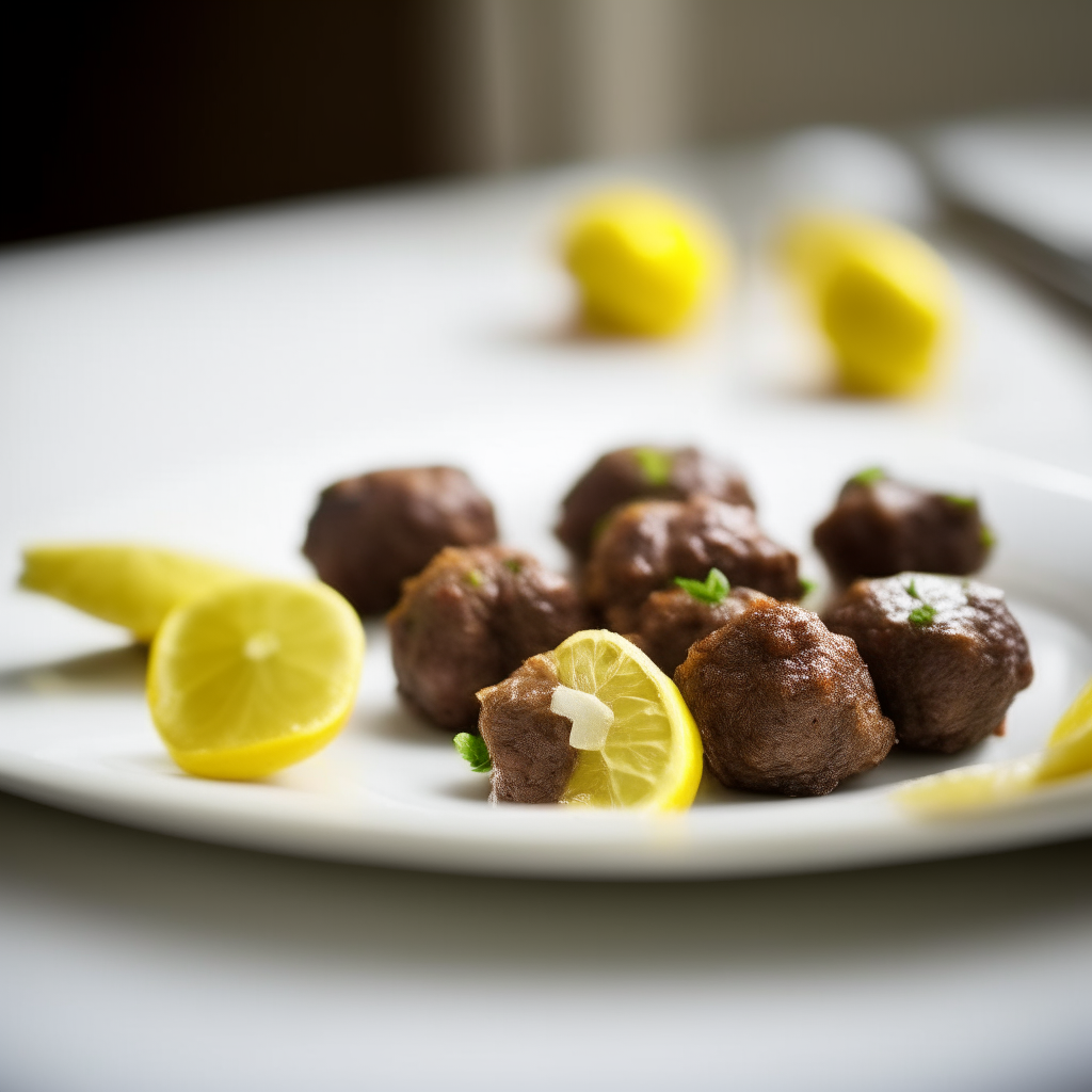 Zesty lemon-pepper lamb bites on a white plate, natural window lighting from the left, shallow depth of field, razor sharp focus