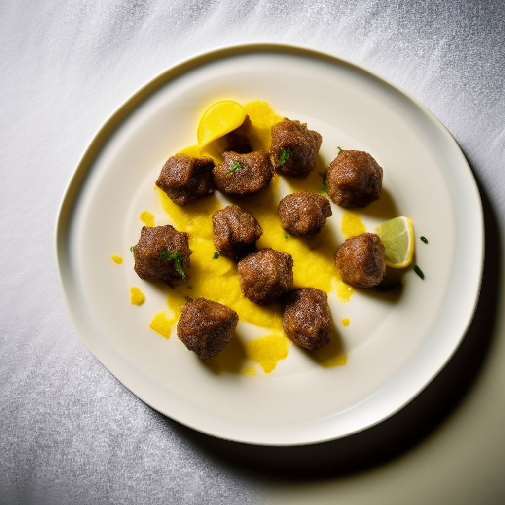 Zesty lemon-pepper lamb bites on a white plate, softbox lighting from above, shallow depth of field, razor sharp focus