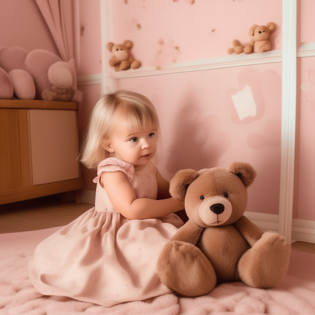 an adorable baby girl with blonde hair in a cushioned pink room playing with a brown teddy bear