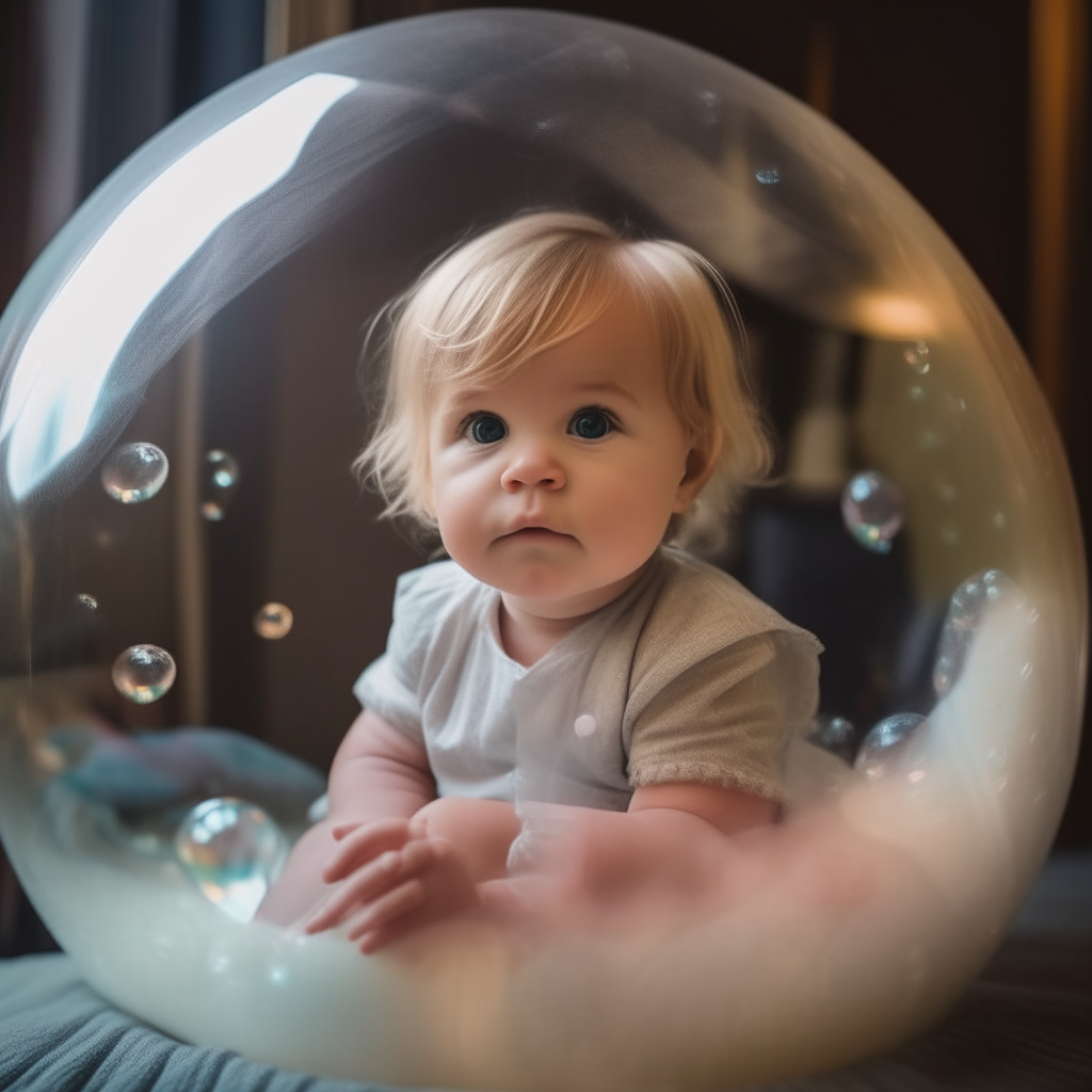 an adorable baby with blonde hair sitting inside a large, transparent soap bubble