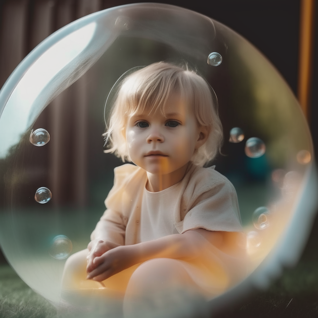 A baby with blonde hair sitting inside a large, transparent soap bubble with the background outside the bubble now transparent