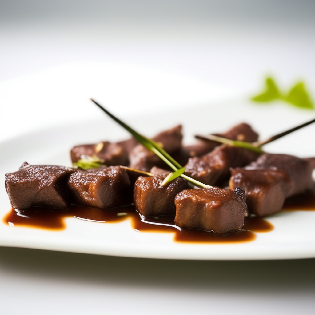 Teriyaki-glazed lamb skewers on a white plate, bright studio lighting, shallow depth of field, razor sharp focus