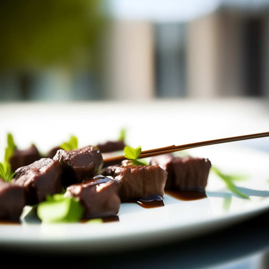 Teriyaki-glazed lamb skewers on a white plate, natural window lighting from the left, shallow depth of field, razor sharp focus