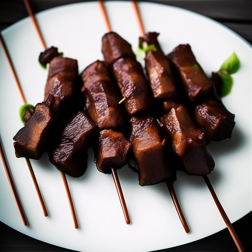 Teriyaki-glazed lamb skewers on a white plate, softbox lighting from above, shallow depth of field, razor sharp focus