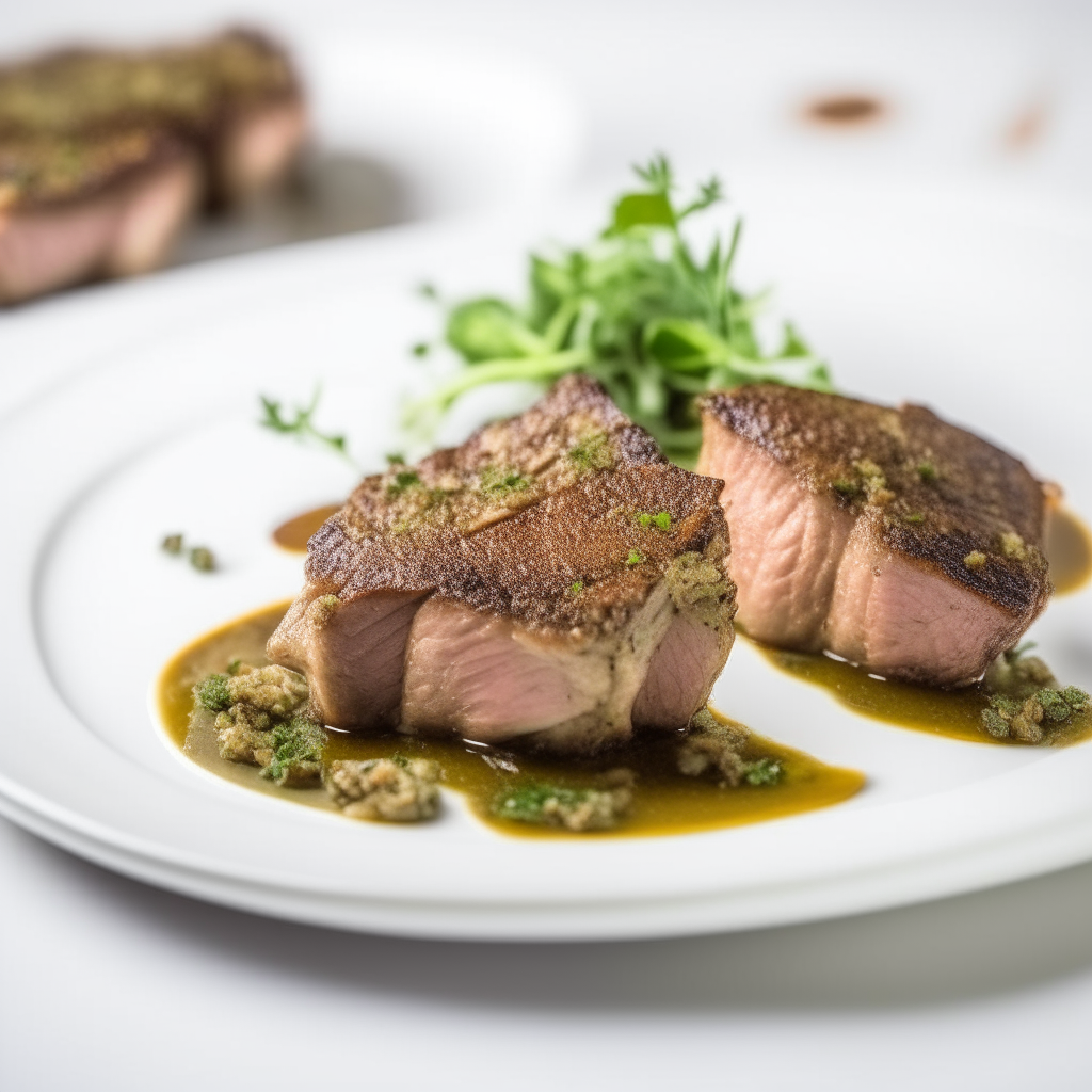 Herb-crusted lamb steaks plated on a white dish, bright studio lighting, shallow depth of field, razor sharp focus