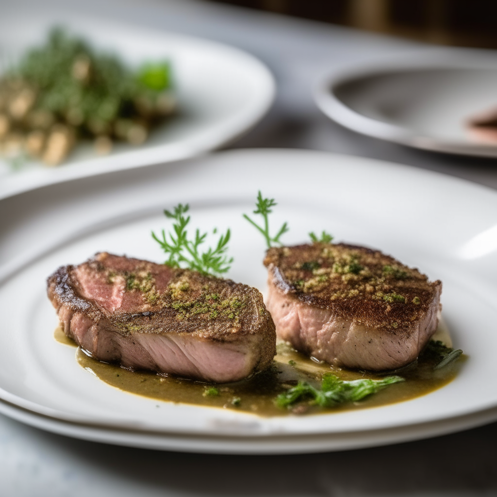 Herb-crusted lamb steaks plated on a white dish, natural window lighting from the left, shallow depth of field, razor sharp focus