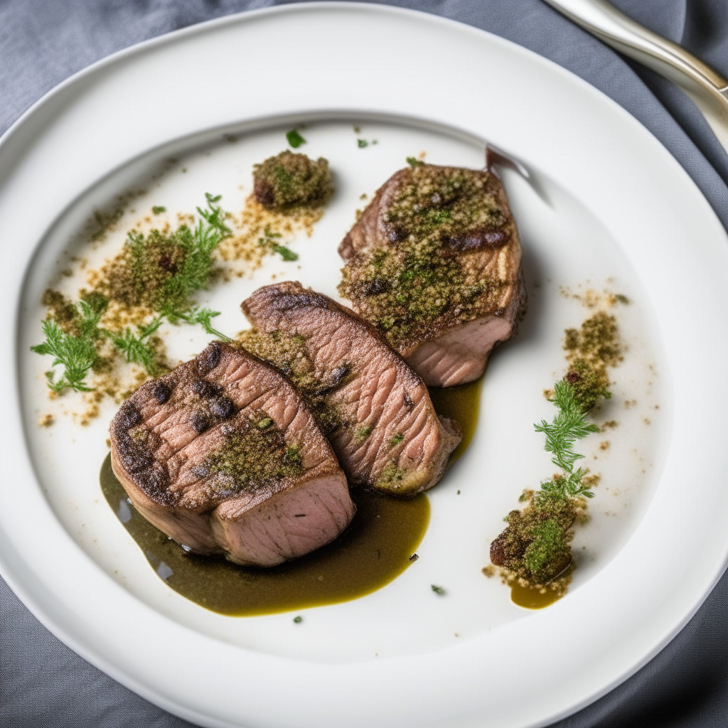 Herb-crusted lamb steaks plated on a white dish, softbox lighting from above, shallow depth of field, razor sharp focus