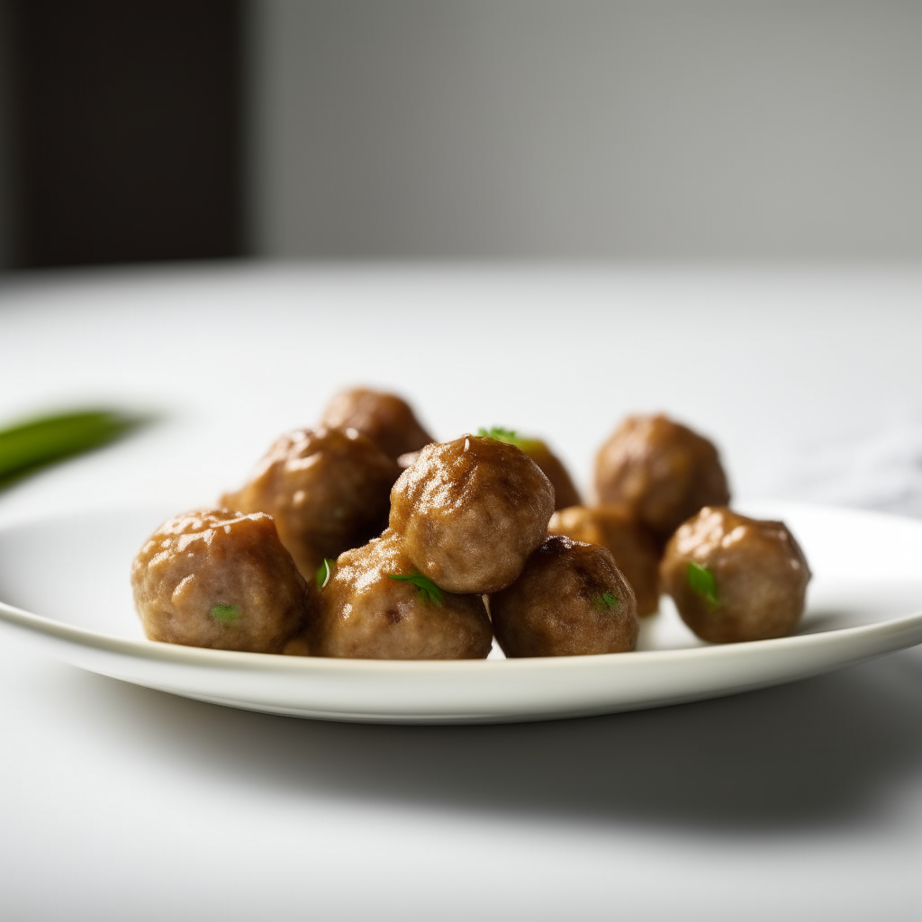 Sesame ginger lamb balls on a white plate, bright studio lighting, shallow depth of field, razor sharp focus