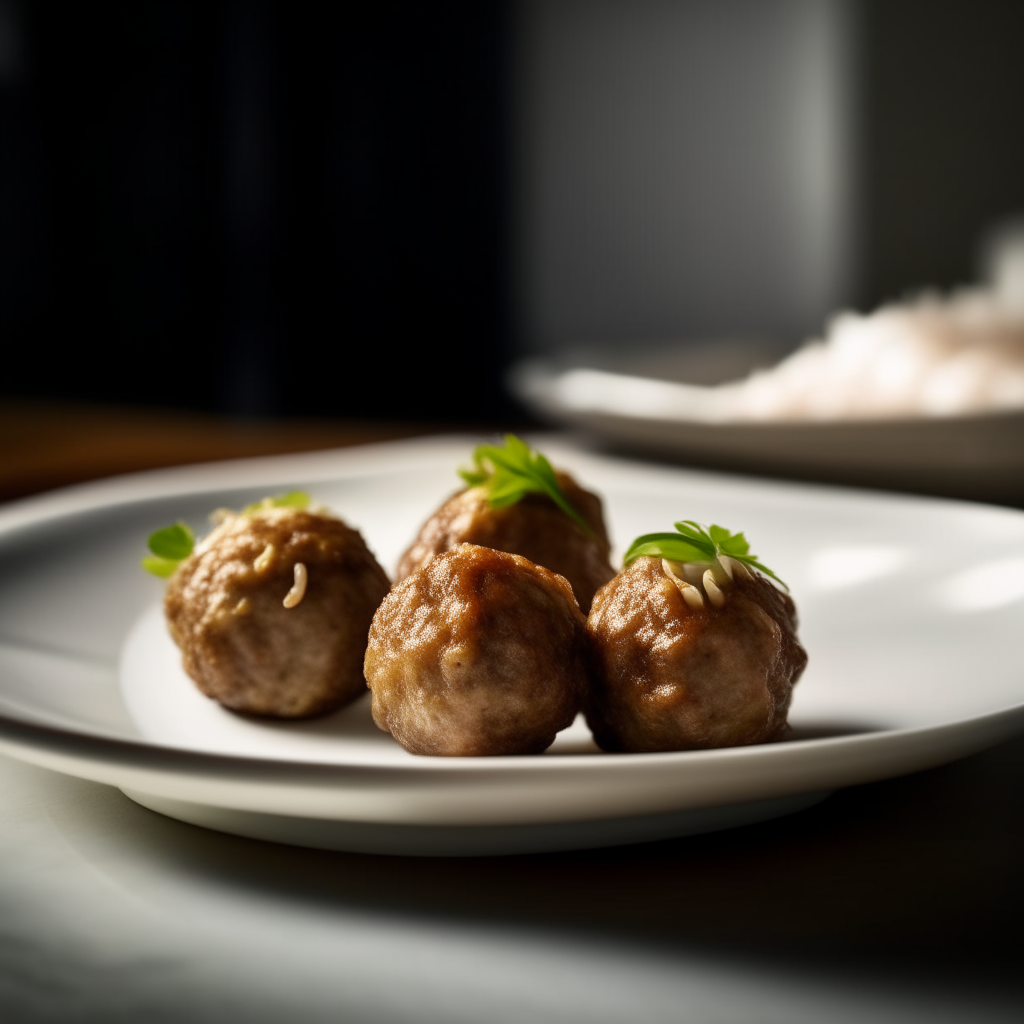 Sesame ginger lamb balls on a white plate, natural window lighting from the left, shallow depth of field, razor sharp focus