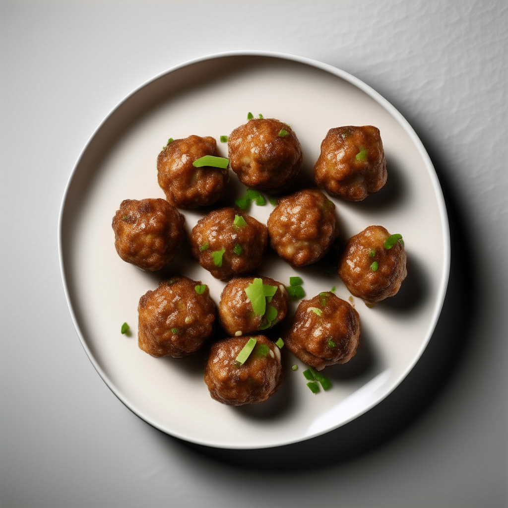 Sesame ginger lamb balls on a white plate, softbox lighting from above, shallow depth of field, razor sharp focus