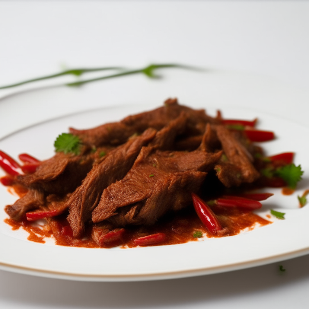 Spicy harissa lamb strips on a white plate, bright studio lighting, shallow depth of field, razor sharp focus