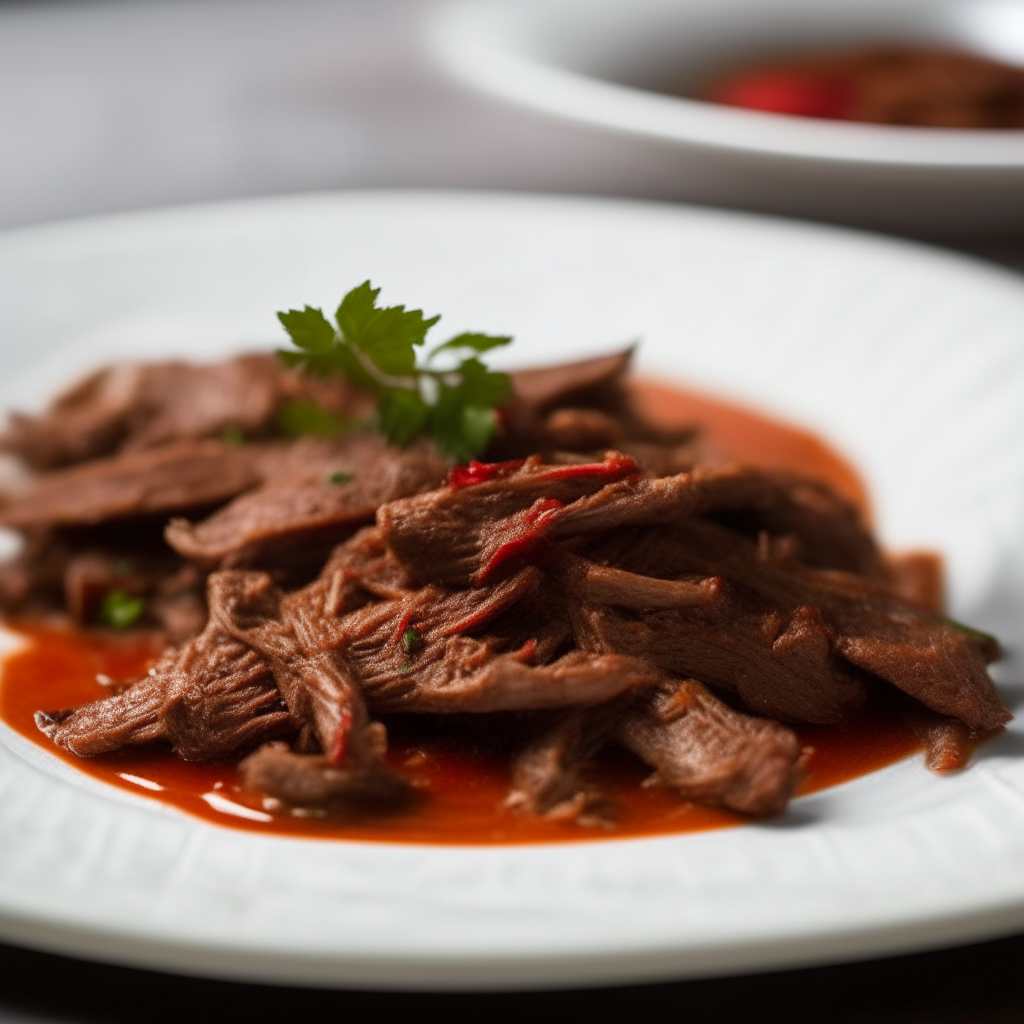 Spicy harissa lamb strips on a white plate, natural window lighting from the left, shallow depth of field, razor sharp focus