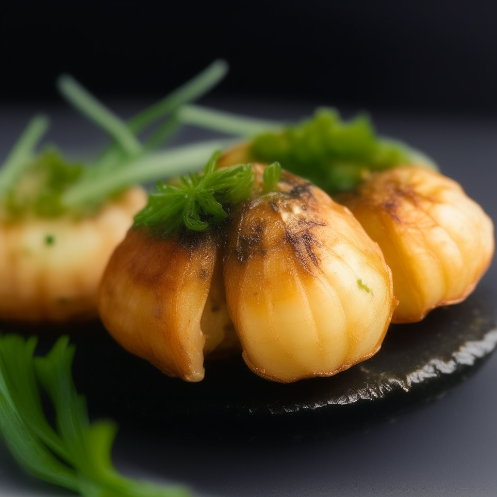 A crisp, golden-brown garlic-parsley scallop made in an air fryer, against a bright white background