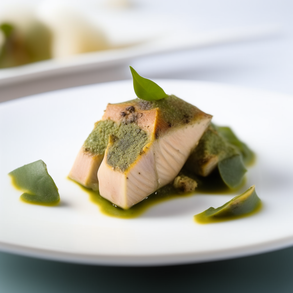 Basil-pesto marinated swordfish chunks plated on a white dish, bright studio lighting, shallow depth of field, razor sharp focus