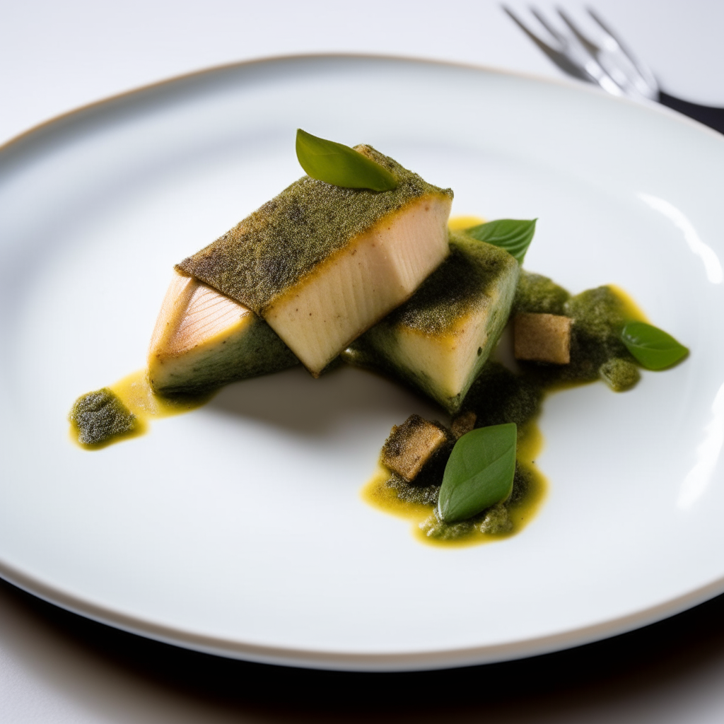 Basil-pesto marinated swordfish chunks plated on a white dish, photographed from above at a 45 degree angle, bright studio lighting, shallow depth of field, razor sharp focus