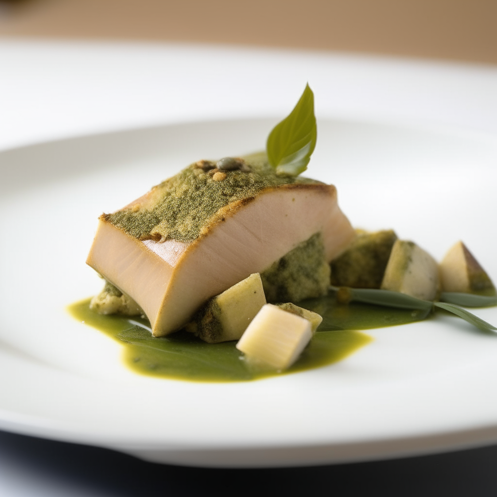 Basil-pesto marinated swordfish chunks plated on a white dish, photographed from the side at eye level, bright studio lighting, shallow depth of field, razor sharp focus