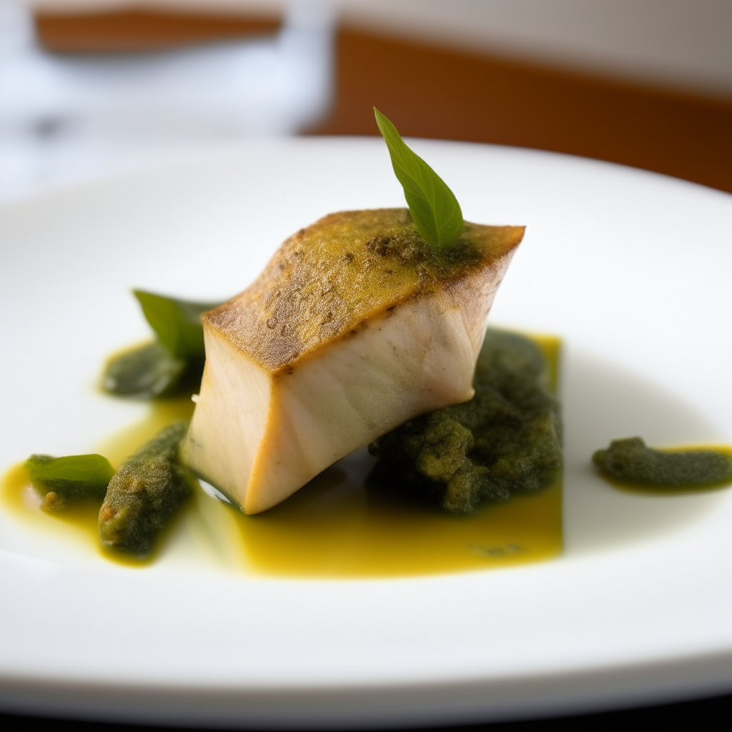 Basil-pesto marinated swordfish chunks plated on a white dish, photographed at a low angle with the camera tilted up slightly, bright studio lighting, shallow depth of field, razor sharp focus