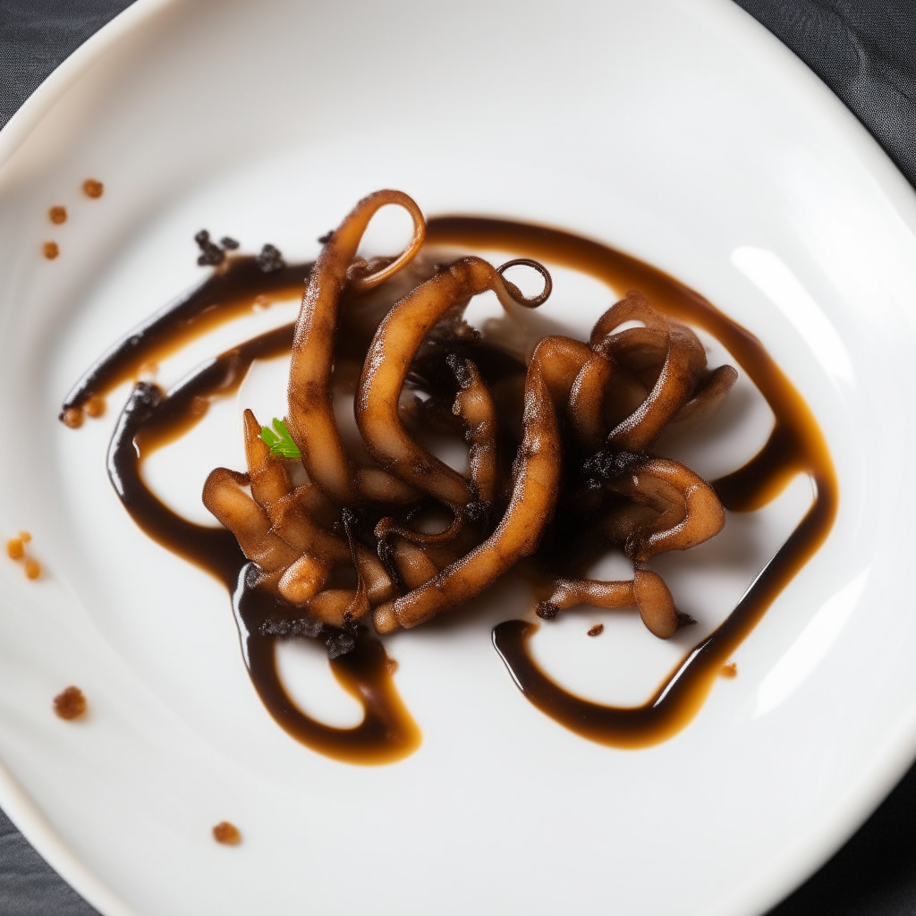 Balsamic-glazed squid ribbons plated on a white dish, photographed from above at a 45 degree angle, bright studio lighting, shallow depth of field, razor sharp focus