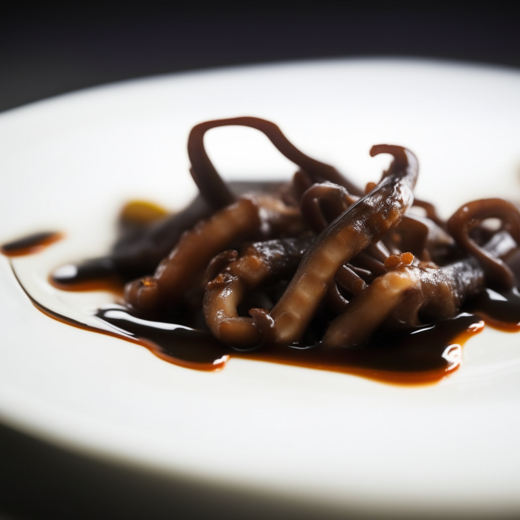 Balsamic-glazed squid ribbons plated on a white dish, photographed from the side at eye level, bright studio lighting, shallow depth of field, razor sharp focus