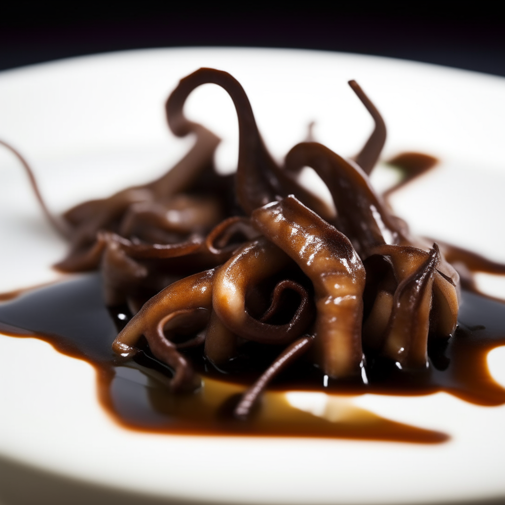 Balsamic-glazed squid ribbons plated on a white dish, photographed at a low angle with the camera tilted up slightly, bright studio lighting, shallow depth of field, razor sharp focus