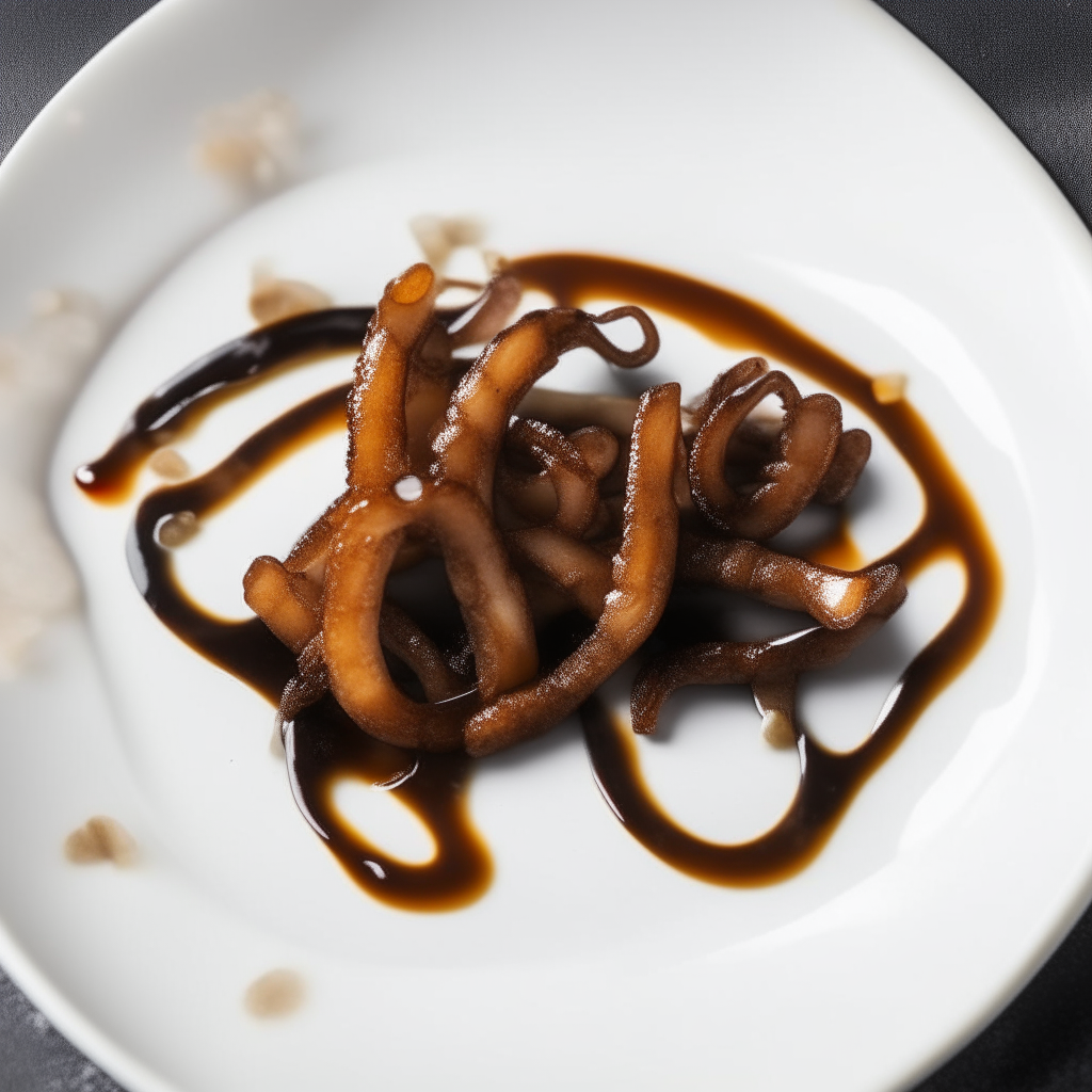 Balsamic-glazed squid ribbons plated on a white dish, photographed from above at a 45 degree angle, with just a light drizzle of glaze, bright studio lighting, shallow depth of field, razor sharp focus