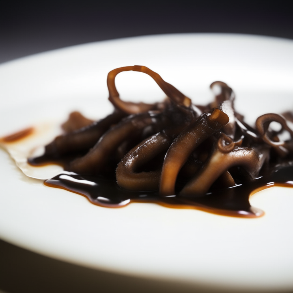 Balsamic-glazed squid ribbons plated on a white dish, photographed from the side at eye level, with just a light drizzle of glaze, bright studio lighting, shallow depth of field, razor sharp focus