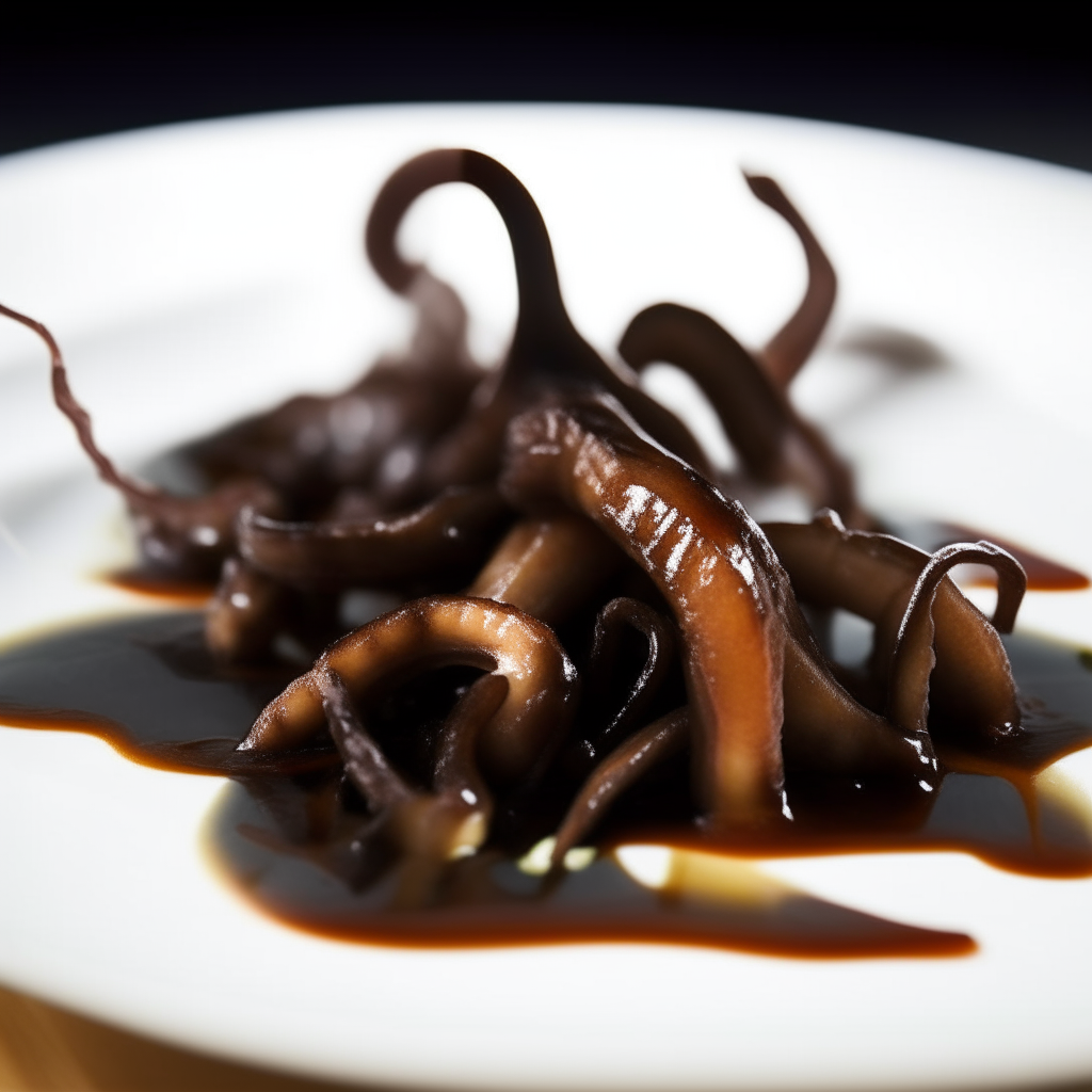 Balsamic-glazed squid ribbons plated on a white dish, photographed at a low angle with the camera tilted up slightly, with just a light drizzle of glaze, bright studio lighting, shallow depth of field, razor sharp focus