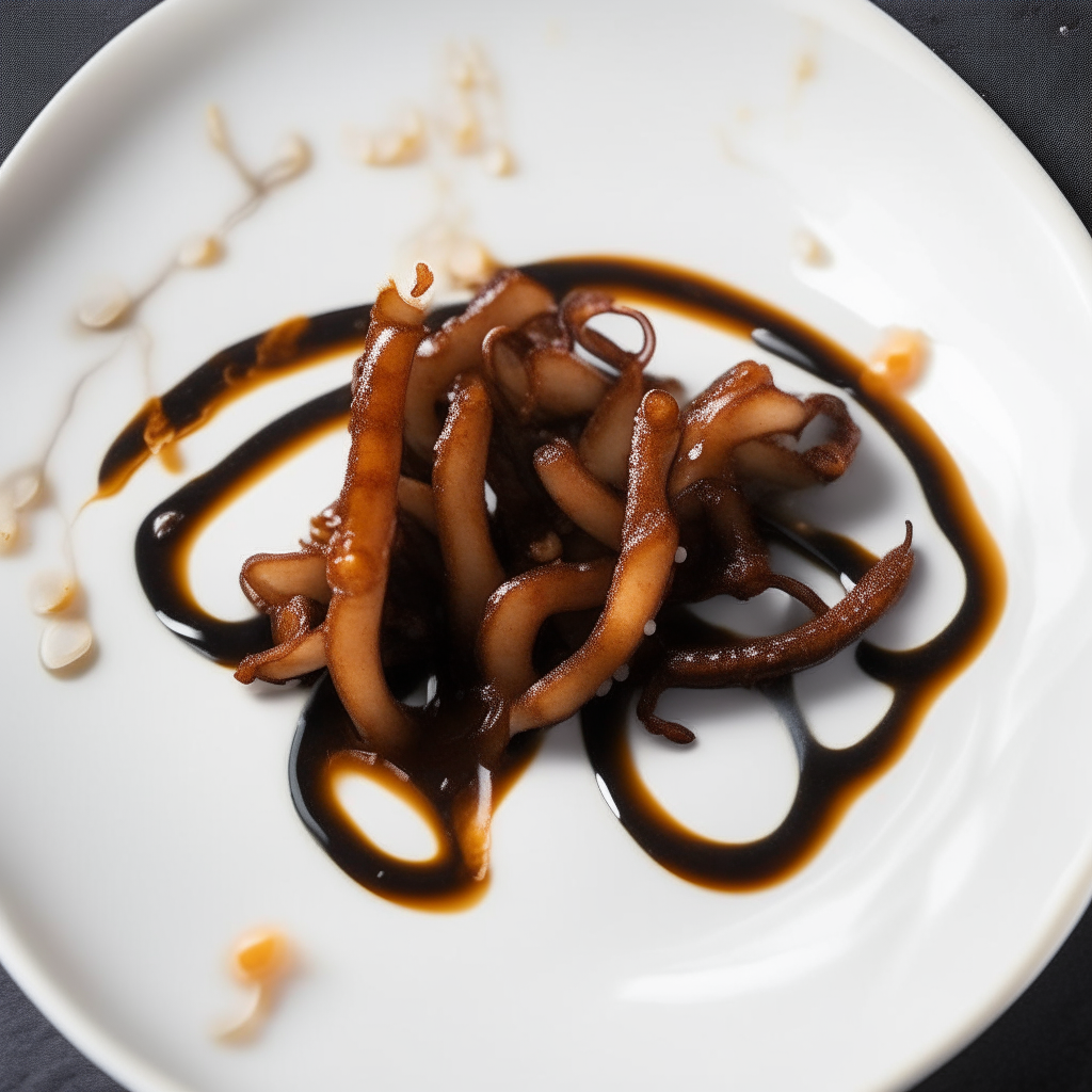 Balsamic-glazed squid ribbons plated on a white dish, photographed from above at a 45 degree angle, with just a tiny drizzle of glaze, bright studio lighting, shallow depth of field, razor sharp focus