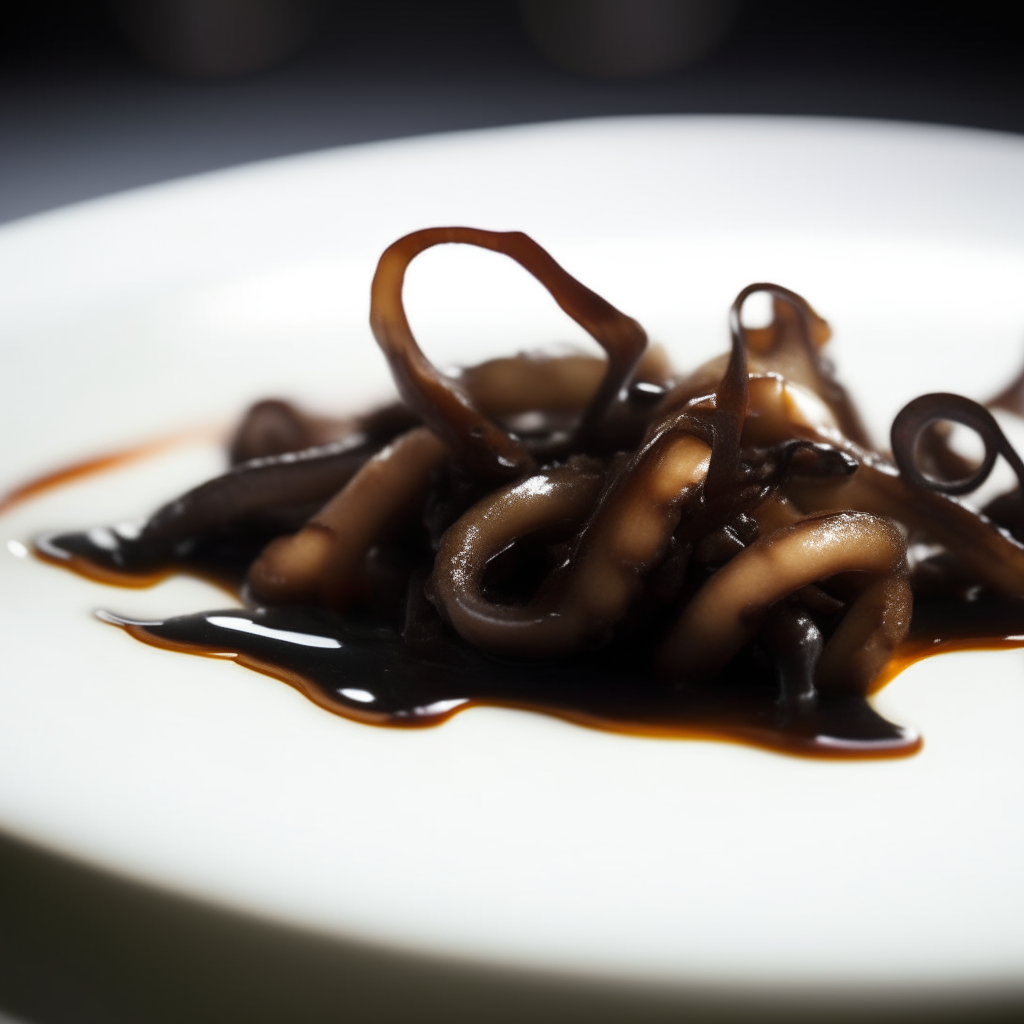 Balsamic-glazed squid ribbons plated on a white dish, photographed from the side at eye level, with just a tiny drizzle of glaze, bright studio lighting, shallow depth of field, razor sharp focus