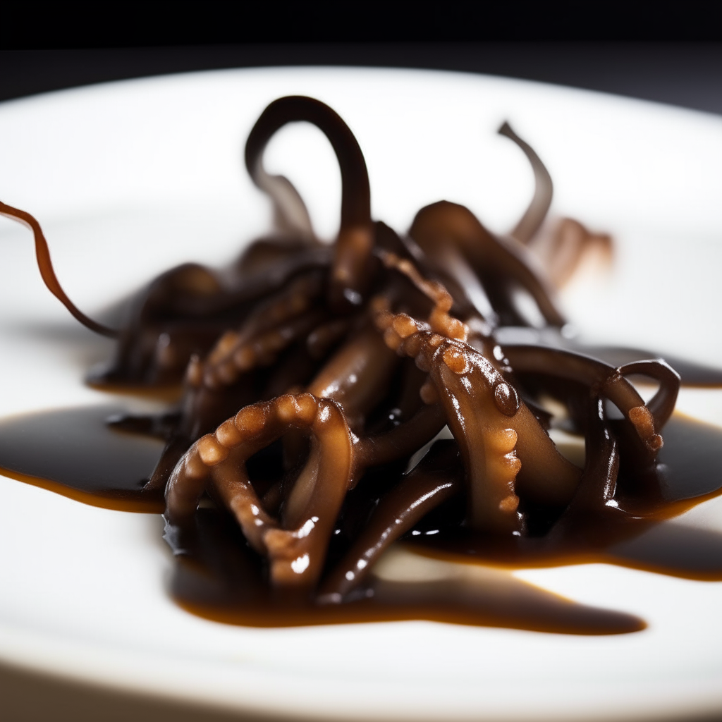 Balsamic-glazed squid ribbons plated on a white dish, photographed at a low angle with the camera tilted up slightly, with just a tiny drizzle of glaze, bright studio lighting, shallow depth of field, razor sharp focus