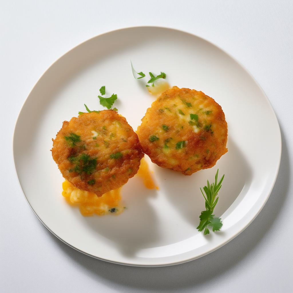 Zesty orange-zest crab cakes plated on a white dish, photographed from above at a 45 degree angle, bright studio lighting, shallow depth of field, razor sharp focus