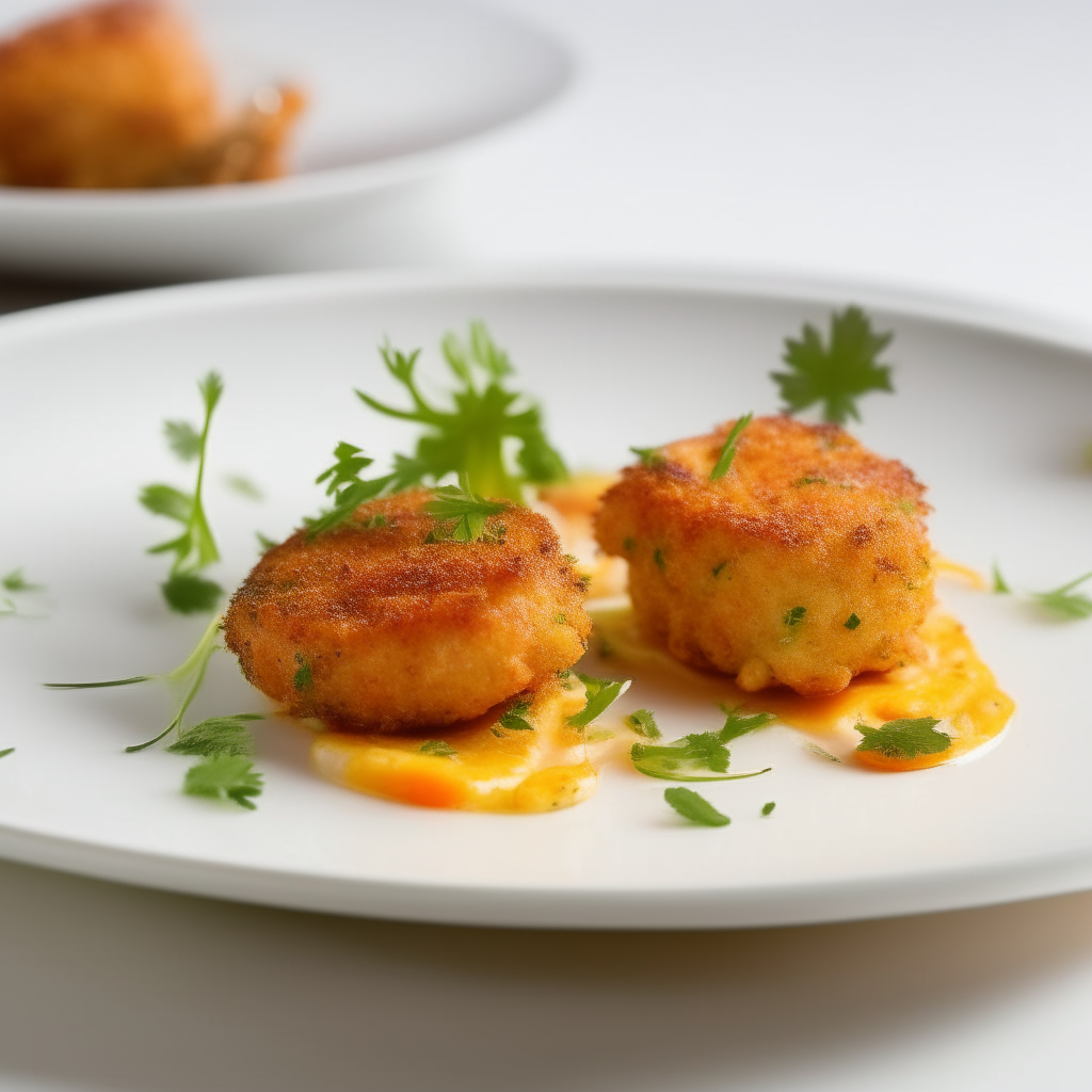 Zesty orange-zest crab cakes plated on a white dish, photographed from the side at eye level, bright studio lighting, shallow depth of field, razor sharp focus