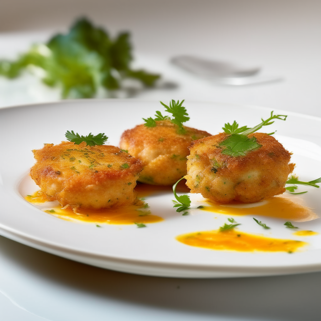 Zesty orange-zest crab cakes plated on a white dish, photographed at a low angle with the camera tilted up slightly, bright studio lighting, shallow depth of field, razor sharp focus