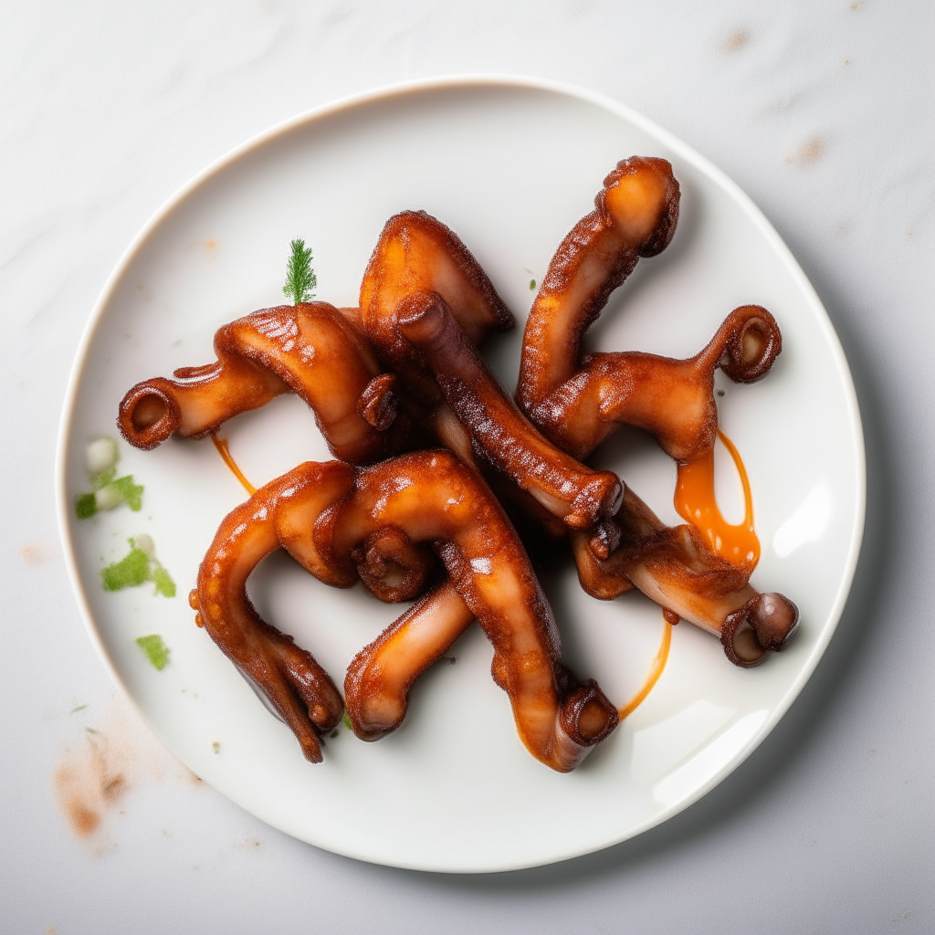 Smoky BBQ octopus legs plated on a white dish, photographed from above at a 45 degree angle, bright studio lighting, shallow depth of field, razor sharp focus