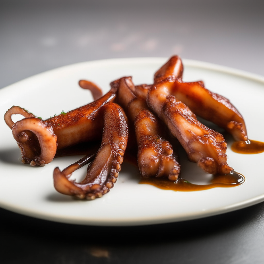 Smoky BBQ octopus legs plated on a white dish, photographed from the side at eye level, bright studio lighting, shallow depth of field, razor sharp focus