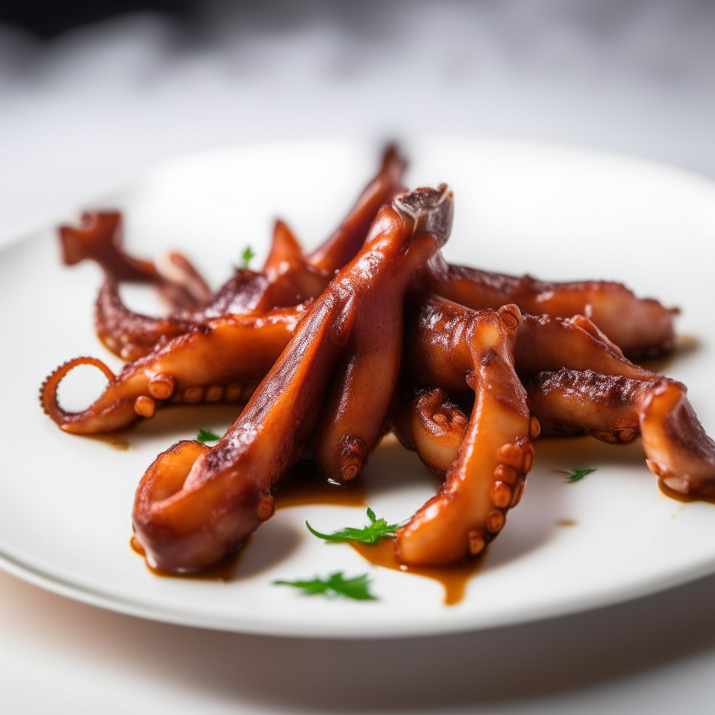 Smoky BBQ octopus legs plated on a white dish, photographed at a low angle with the camera tilted up slightly, bright studio lighting, shallow depth of field, razor sharp focus