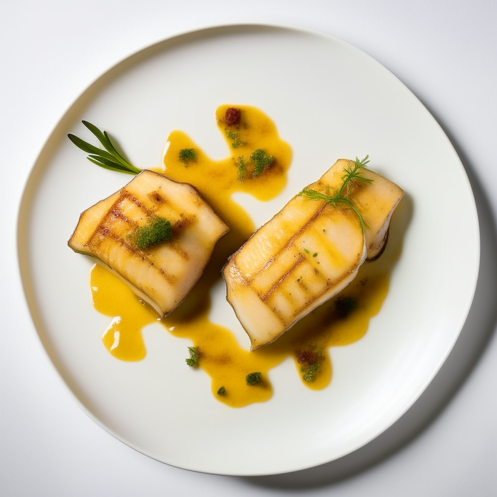 Honey-mustard halibut fillets plated on a white dish, photographed from above at a 45 degree angle, bright studio lighting, shallow depth of field, razor sharp focus