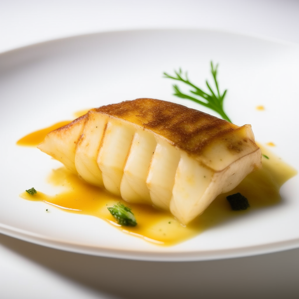 Honey-mustard halibut fillets plated on a white dish, photographed from the side at eye level, bright studio lighting, shallow depth of field, razor sharp focus