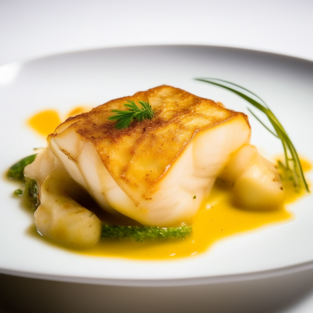 Honey-mustard halibut fillets plated on a white dish, photographed at a low angle with the camera tilted up slightly, bright studio lighting, shallow depth of field, razor sharp focus