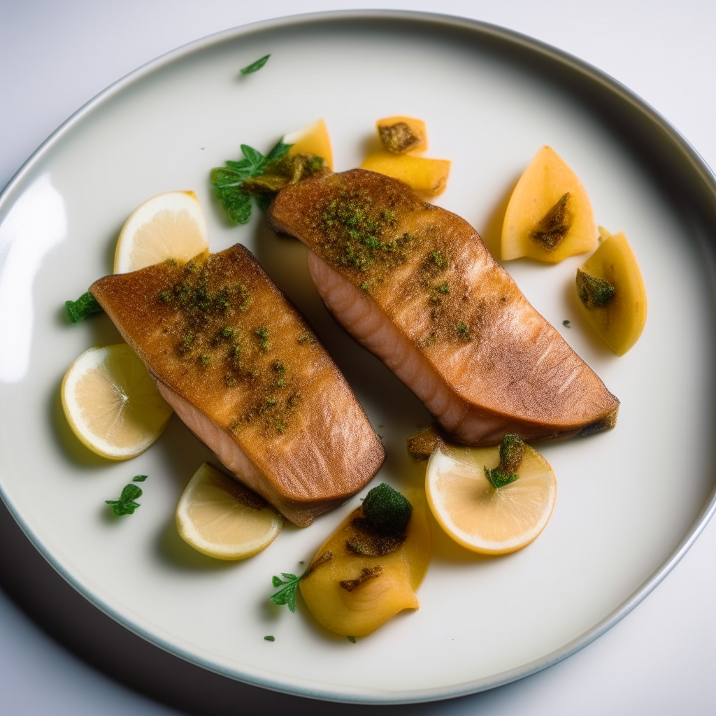 Cumin-spiced trout medallions plated on a white dish, photographed from above at a 45 degree angle, bright studio lighting, shallow depth of field, razor sharp focus