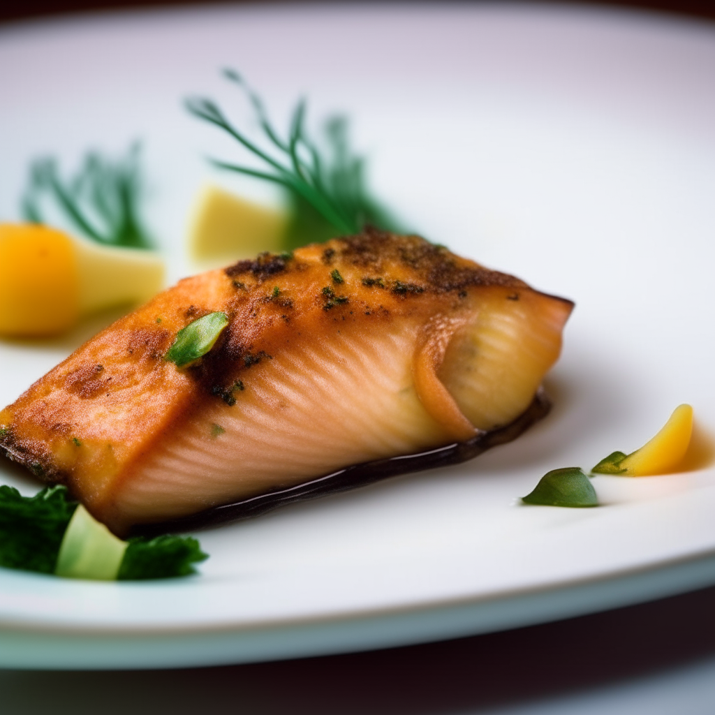 Cumin-spiced trout medallions plated on a white dish, photographed from the side at eye level, bright studio lighting, shallow depth of field, razor sharp focus