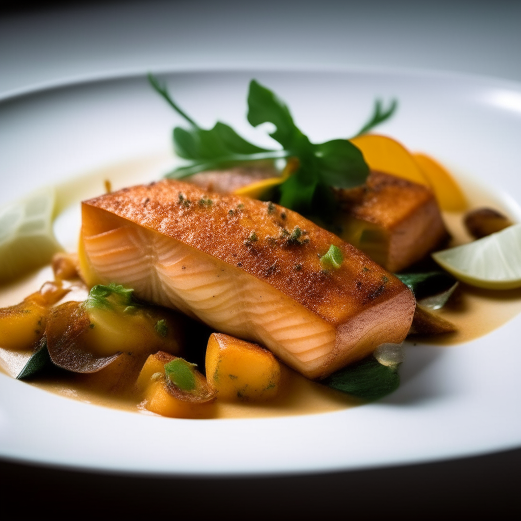 Cumin-spiced trout medallions plated on a white dish, photographed at a low angle with the camera tilted up slightly, bright studio lighting, shallow depth of field, razor sharp focus