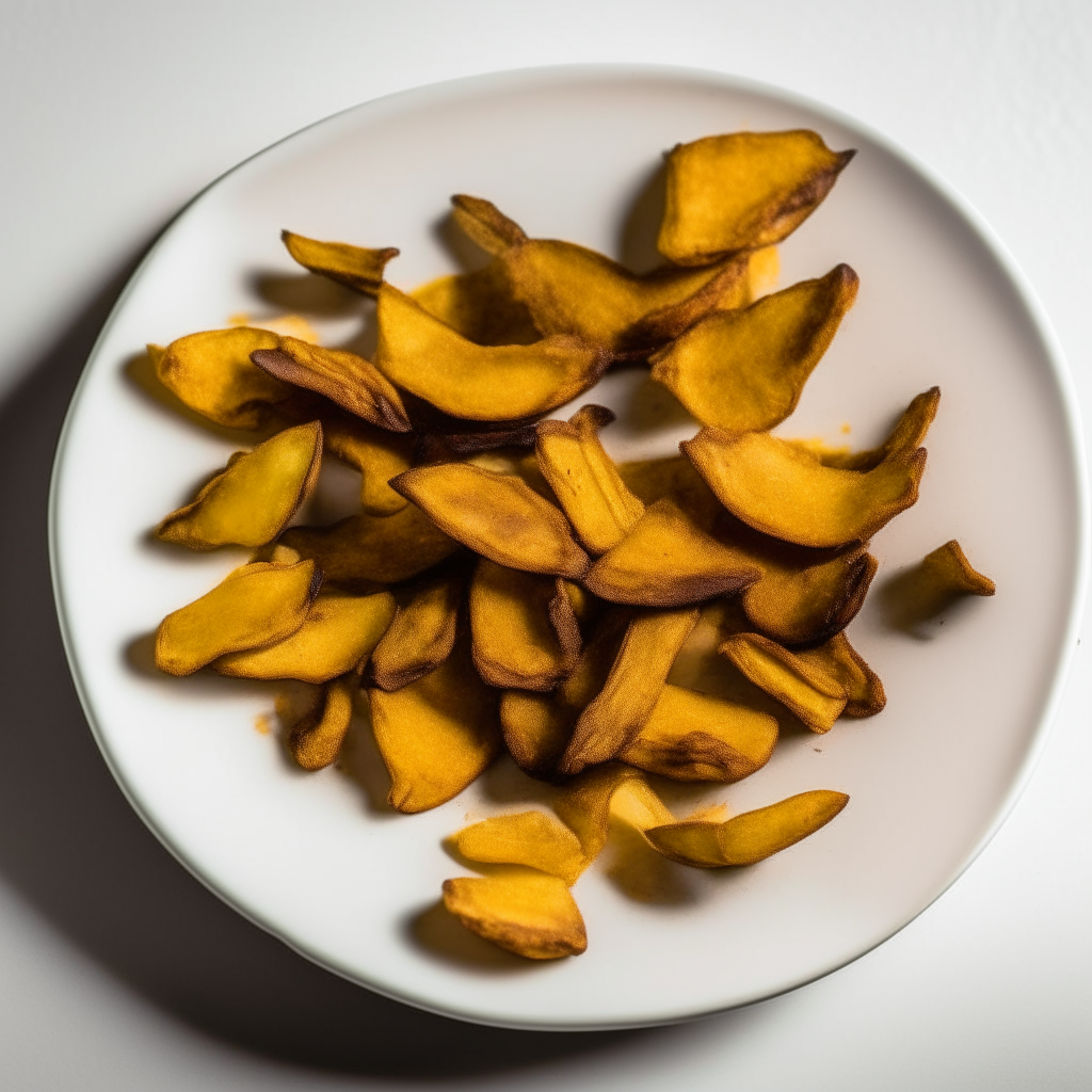 Crispy plantain chips plated on a white dish, photographed from above at a 45 degree angle, bright studio lighting, shallow depth of field, razor sharp focus