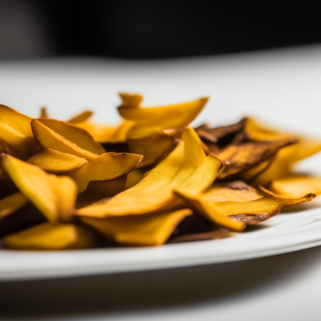 Crispy plantain chips plated on a white dish, photographed from the side at eye level, bright studio lighting, shallow depth of field, razor sharp focus