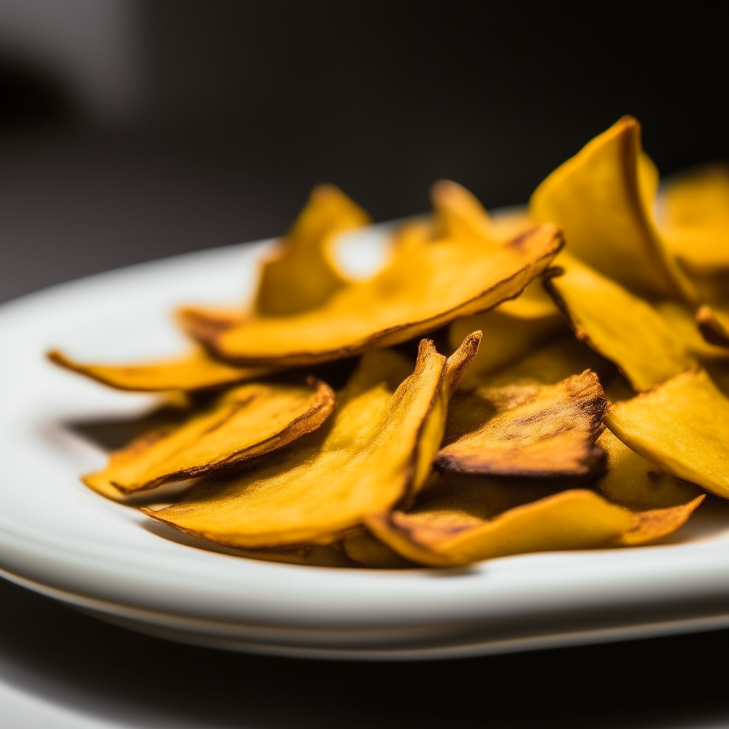 Crispy plantain chips plated on a white dish, photographed at a low angle with the camera tilted up slightly, bright studio lighting, shallow depth of field, razor sharp focus