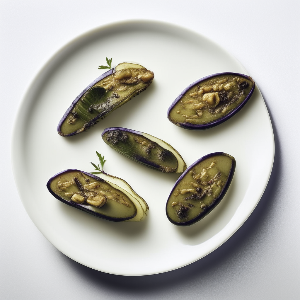 Herbed eggplant slices plated on a white dish, photographed from above at a 45 degree angle, bright studio lighting, shallow depth of field, razor sharp focus